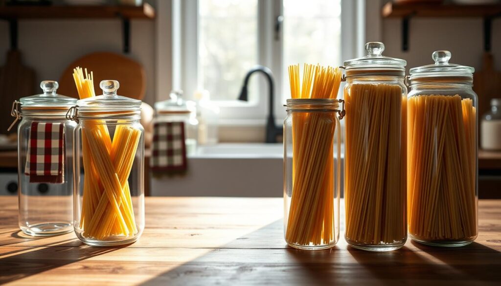 A beautifully arranged collection of extra-tall pasta containers designed specifically for storing spaghetti and linguine. In the foreground, feature elegant, transparent jars with airtight lids, showcasing long strands of spaghetti and linguine neatly standing upright inside. The middle ground can include a rustic wooden countertop adorned with a tasteful kitchen towel, hinting at a cozy culinary atmosphere. In the background, soft natural light filters through a nearby window, casting gentle shadows that create warmth in the scene. The angle should be slightly tilted to provide depth, highlighting the height of the containers. The overall mood is inviting and organized, reinforcing the practicality of choosing the right height for pasta storage.