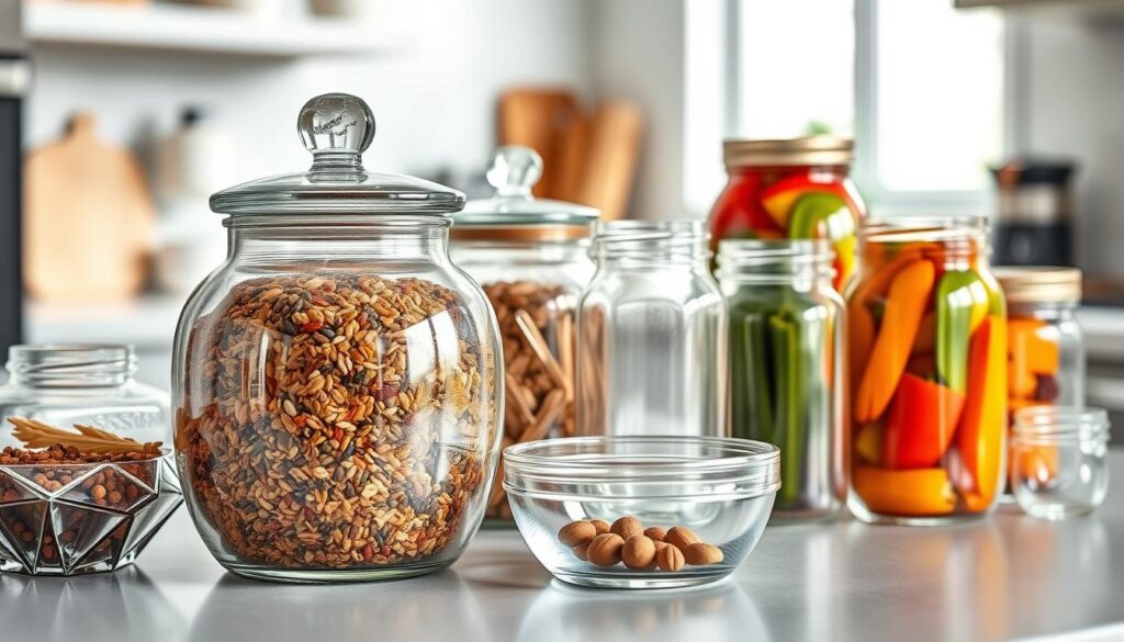 A beautifully arranged collection of glass containers for food storage, showcasing various shapes and sizes. The foreground features a large, round glass jar with an airtight lid, filled with colorful spices and grains, catching the light in a way that highlights its transparency. Beside it, smaller glass containers in elegant geometric designs hold dried fruits and nuts. The middle ground includes a series of mason jars, some empty to emphasize their utilitarian design, while others are filled with vibrant pickled vegetables, capturing the attention of the viewer. In the background, a softly blurred kitchen setting provides a warm, inviting atmosphere with natural light streaming through a window, enhancing the clear glass and creating subtle reflections. The overall mood is one of organization and freshness, ideal for food storage.