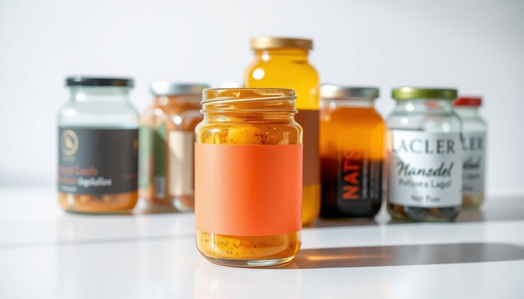 A beautifully arranged display of glass jars on a sleek white surface, showcasing a variety of transparent and opaque labels. In the foreground, focus on a jar with a vibrant, colorful opaque label, contrasting against the clean glass. Beside it, another jar features a clear label that elegantly reveals the contents inside. Soft, natural lighting enhances the clarity of the labels, casting gentle reflections on the glass surfaces. In the middle ground, additional jars are blurred slightly to create depth, while the background remains a subtle gradient, emphasizing the jars. The overall mood is fresh and modern, ideal for illustrating the unique differences between label types.