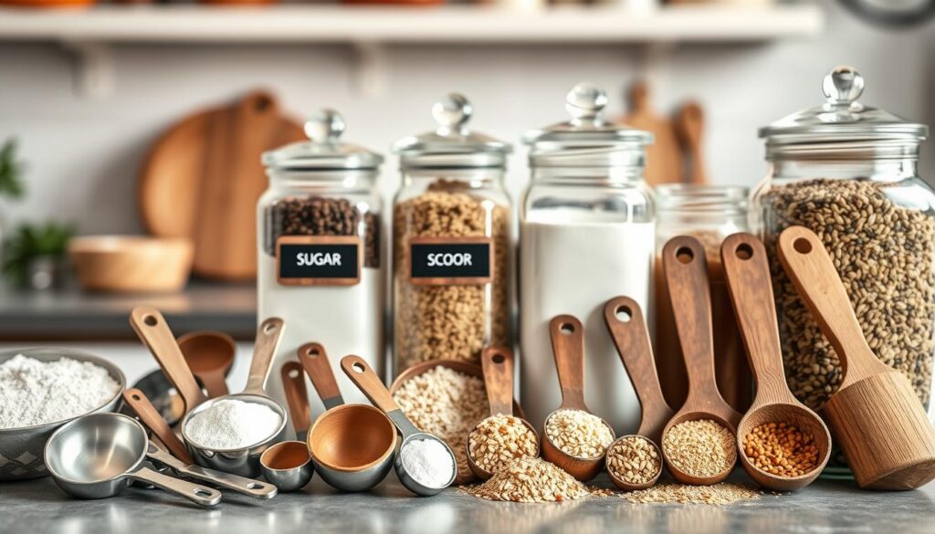 A beautifully arranged display of various measuring scoops next to clear, elegant scoop jars filled with colorful ingredients like flour, sugar, and grains. In the foreground, a variety of scoops made of stainless steel, plastic, and wood are artistically positioned to showcase their sizes and shapes. The middle ground features the jars, each with different heights and widths, clearly labeled with neat, minimalist designs, reflecting the importance of fitting. The background consists of a softly blurred kitchen setting, with natural sunlight streaming in, creating a warm and inviting atmosphere. Soft focus on the scoops enhances their details, while a slight overhead angle captures the overall arrangement, emphasizing the harmony between the scoops and jars.