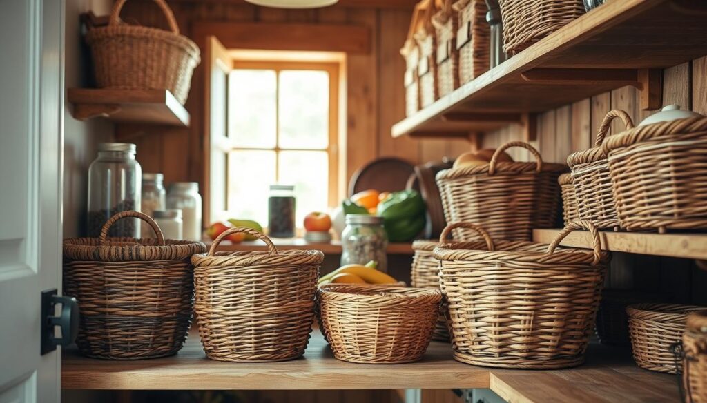 A beautifully arranged farmhouse pantry featuring an array of stylish wicker storage baskets. In the foreground, several intricately woven baskets of various sizes sit enticingly on rustic wooden shelves, showcasing their textured patterns and natural tones. The middle ground includes jars of pantry staples and fresh produce, creating an inviting, organized space. In the background, soft, natural light spills in through a cozy, open window, highlighting the warm wood tones and airy atmosphere. The scene conveys a sense of homeliness and practicality, perfect for a farmhouse aesthetic. Use a warm color palette with gentle shadows and focus on the rich details of the wicker, ensuring the image evokes a feeling of charm and serenity characteristic of a well-designed pantry.