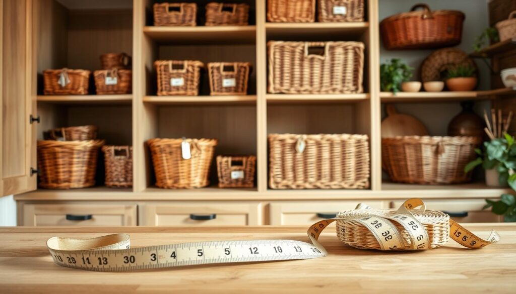 A beautifully arranged farmhouse pantry featuring an assortment of wicker baskets in various sizes, showcasing their versatility for storage. In the foreground, a measuring tape is draped across a wooden countertop, emphasizing the theme of measurement. The middle ground displays open cabinet shelves filled with neatly sized wicker baskets, each labeled with subtle tags, creating an organized feel. The soft, natural lighting highlights the textures of the wicker and the rustic wood of the pantry. In the background, there are hints of green plants and wooden accents, adding warmth and charm to the atmosphere. The overall mood is inviting and practical, ideal for illustrating the importance of choosing the right basket sizes for a stylish pantry.
