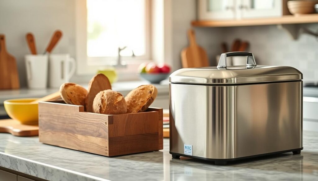 A beautifully arranged kitchen counter showcasing a rustic wooden bread box and a sleek metal bread box side by side, highlighting the contrast between materials. The foreground features the two bread boxes, with artisanal, freshly baked loaves of bread peeking out. The middle ground displays a vibrant fruit bowl and a wooden cutting board with a knife, suggesting everyday kitchen activity. In the background, soft natural light filters through a window, casting a warm glow that enhances the wooden textures and the metallic sheen. The angle is slightly elevated, creating a welcoming and cozy atmosphere, perfect for a home kitchen. The overall mood is inviting, emphasizing practicality and aesthetics in bread storage.