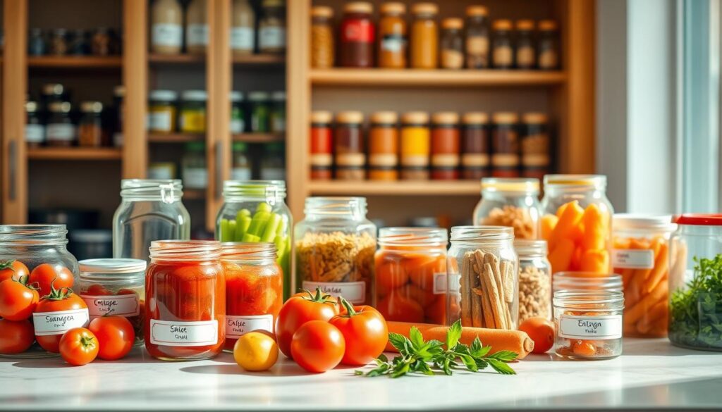 A beautifully arranged kitchen countertop featuring various decanted food items in clear glass containers. In the foreground, a vibrant assortment of colorful fruits and vegetables, like red tomatoes, green bell peppers, and orange carrots, are neatly placed in labeled jars, with some scattered herbs for a fresh touch. In the middle ground, several partially filled containers indicate some food items, creating a sense of intrigue about their freshness and expiration status. The background showcases a soft-focus view of a well-organized pantry, filled with shelves of neatly labeled jars and containers, creating a warm and inviting atmosphere. The lighting is warm and natural, mimicking sunlight streaming through a window, highlighting the textures and colors of the food. The overall mood is serene and informative, illustrating the challenges in tracking expiration dates after decanting.