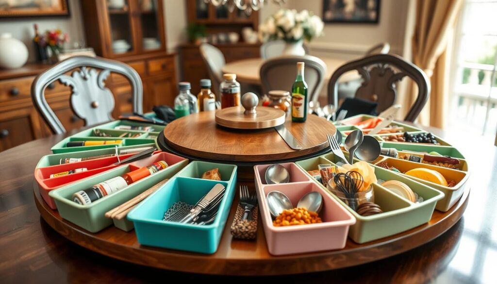 A beautifully arranged lazy Susan turntable made of polished wood, centered on a stylish dining table. In the foreground, visualize vibrant, neatly organized wedge bins filled with a variety of kitchen items—spices, condiments, and utensils—displayed prominently. The middle ground features an elegant setting, with soft lighting highlighting the curves of the lazy Susan, creating an inviting atmosphere. The background is softly blurred, hinting at a cozy dining room with bright, natural light streaming through a window. The scene should evoke a sense of ease and organization, capturing the practicality of using wedge bins with a lazy Susan for improved accessibility and elegance in a home.