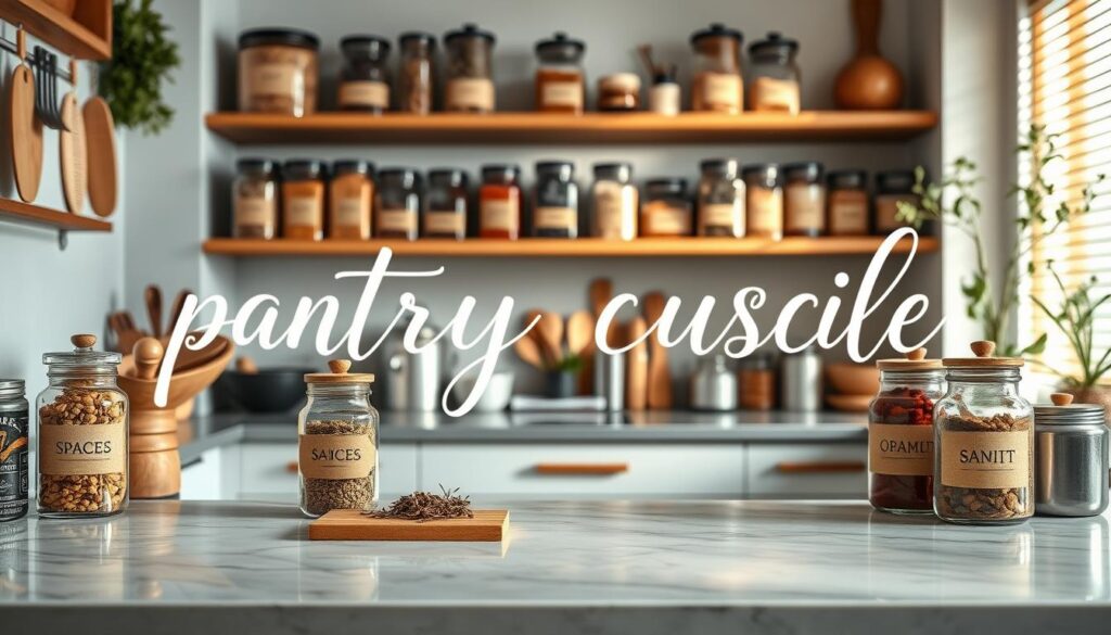 A beautifully arranged modern kitchen pantry showcasing elegant "pantry cursive" typography on stylish glass jars and wooden labels. In the foreground, focus on a sleek marble countertop adorned with artisanal spices and organic ingredients, their textures highlighted by soft, natural light. The middle layer features the pantry shelves, filled with an array of neatly organized containers, each labeled in the flowing, whimsical cursive that enhances the homely yet chic vibe. In the background, soft-focus kitchen utensils and plants add warmth, creating a cozy atmosphere. Capture this scene from a slightly elevated angle to emphasize the typography's elegance alongside the inviting layout of the pantry, evoking a sense of harmony and style in contemporary kitchen design.