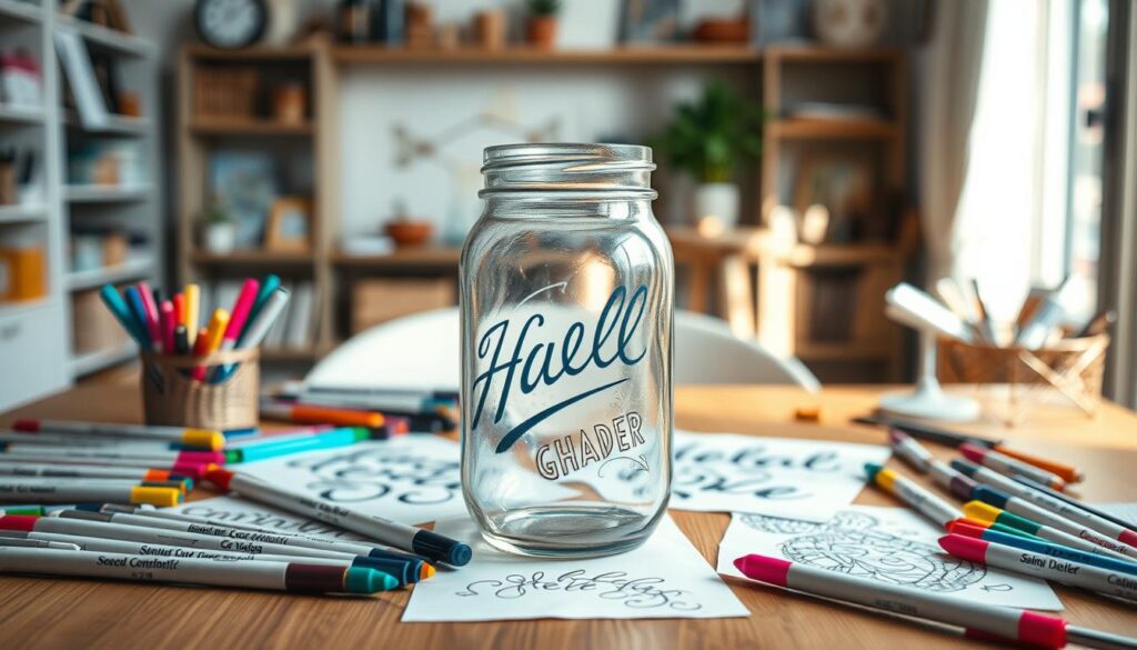 A beautifully arranged scene of a clear glass jar, featuring intricate hand-lettering designs with vibrant paint pen details. The jar is centered in the foreground, displaying soft reflections of light, highlighting the textures of the glass. Surrounding the jar are various colorful paint pens and stencils, artfully scattered to suggest preparation for a creative project. In the middle ground, a wooden table surface adds warmth, with scattered example designs sketched on paper. The background features soft-focus elements of a cozy craft room, with shelves of art supplies and natural light streaming through a window, creating an inviting atmosphere. The overall mood is inspiring and creative, perfect for artists looking to personalize their jars.