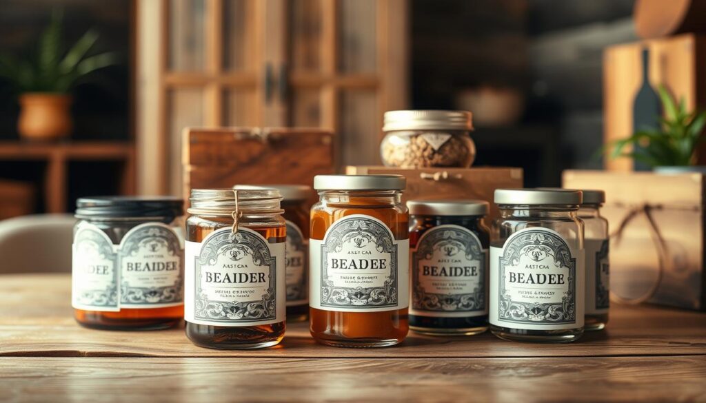 A beautifully arranged set of arched labels elegantly displayed on a variety of artisanal containers, such as glass jars and wooden boxes. In the foreground, focus on the intricate details of the labels, featuring ornate designs with subtle color gradients that enhance their decorative appeal. The middle ground showcases the containers, each uniquely styled, reflecting a blend of modern and vintage aesthetics. In the background, a softly blurred, rustic wooden table adds warmth to the scene, illuminated by soft, natural light streaming in from the left, creating a serene atmosphere. The image captures the essence of branding elegance, inviting viewers to appreciate the artistic possibilities of label design without distractions or clutter.