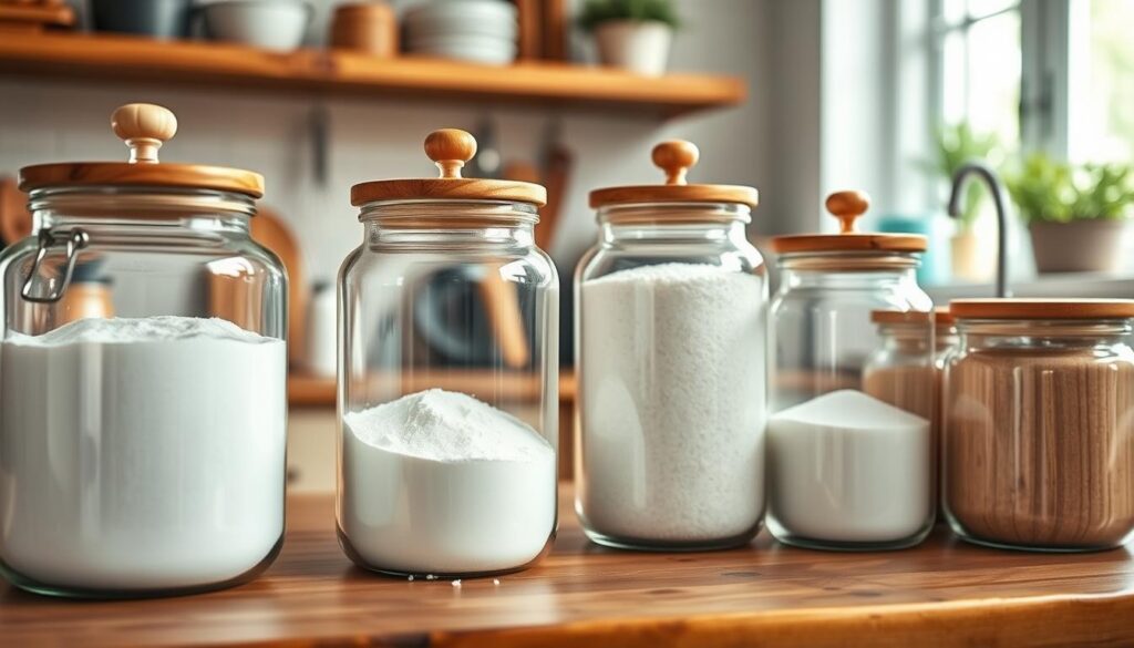 A beautifully arranged set of large canister storage jars, showcasing clear glass containers with polished wooden lids. In the foreground, the jars are filled with white flour and granulated sugar, their contents displayed in artistic layers. The middle ground features a rustic wooden kitchen countertop adorned with a few kitchen utensils like a whisk and measuring cups, creating a baking atmosphere. The background softly blurs into a cozy kitchen ambiance, with warm, natural lighting streaming in from a nearby window, casting gentle shadows and highlighting the textures of the jars and countertop. The overall mood is inviting and functional, emphasizing the importance of organization and accessibility in a baking pantry.
