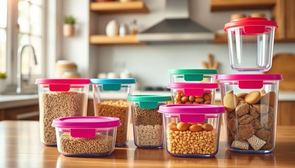 A beautifully arranged top-down view of a collection of OXO Good Grips Pop Containers, featuring various sizes—small, medium, and large—crafted in clear acrylic with sleek, airtight silicone lids in vibrant colors. In the foreground, emphasize the glossy surfaces and the unique push-button mechanism of the containers, highlighting their functionality. In the middle ground, display neatly organized pantry items like grains, snacks, and spices inside the containers, showcasing how they enhance organization and keep food fresh. The background should be a softly blurred modern kitchen setting with natural light streaming in, creating a warm, inviting atmosphere. Use a shallow depth of field to focus on the containers, evoking a sense of practicality and elegance that appeals to kitchen enthusiasts and those seeking efficient storage solutions. A beautifully arranged top-down view of a collection of OXO Good Grips Pop Containers, featuring various sizes—small, medium, and large—crafted in clear acrylic with sleek, airtight silicone lids in vibrant colors. In the foreground, emphasize the glossy surfaces and the unique push-button mechanism of the containers, highlighting their functionality. In the middle ground, display neatly organized pantry items like grains, snacks, and spices inside the containers, showcasing how they enhance organization and keep food fresh. The background should be a softly blurred modern kitchen setting with natural light streaming in, creating a warm, inviting atmosphere. Use a shallow depth of field to focus on the containers, evoking a sense of practicality and elegance that appeals to kitchen enthusiasts and those seeking efficient storage solutions.