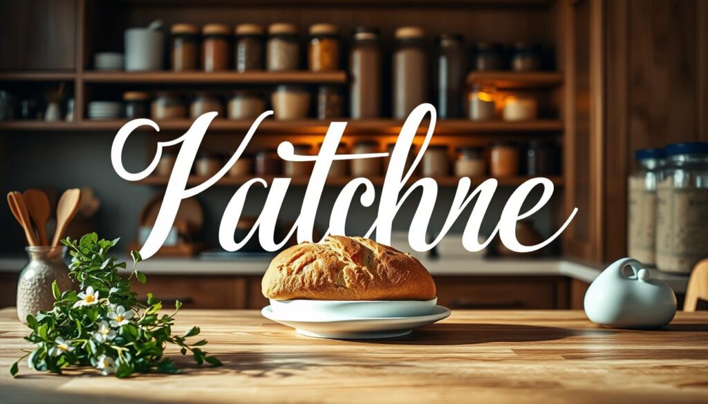 A beautifully crafted, flowing cursive word elegantly rendered in an opulent kitchen setting. The foreground features a wooden countertop adorned with fresh herbs and minimalist kitchen tools. In the middle, a delicate white ceramic plate holds a freshly baked loaf of bread, with soft, natural lighting casting gentle shadows enhancing the textures. In the background, an inviting pantry with wooden shelves displays neatly organized jars filled with colorful grains and spices, all harmoniously lit to create a warm and welcoming atmosphere. The lens perspective is slightly elevated, capturing the charm of the scene while focusing on the graceful curves of the cursive font, emphasizing its artistic quality. The overall mood is cozy and inviting, reflecting a perfect blend of elegance and functionality in typography.