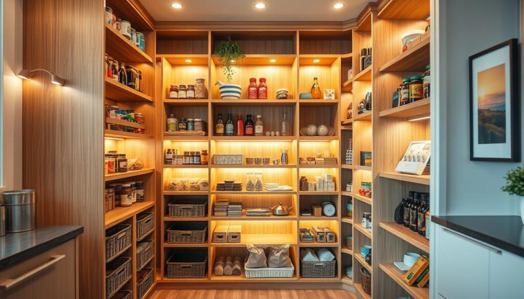 A beautifully designed corner kitchen pantry featuring deep shelves filled with varied items like canned goods, spices, and dry ingredients, illuminated by soft, warm lighting that enhances the wood textures of the shelves. In the foreground, a sleek, modern shelving unit with easy-access baskets for organization stands beside a small countertop area. In the middle, the deep corner shelves create an inviting atmosphere, showcasing a clever arrangement that maximizes space effectively. In the background, subtle hints of kitchen decor, like hanging herbs and framed art, add warmth. The angle is slightly elevated to capture the depth and organization of the pantry, conveying a sense of spaciousness while also highlighting potential wasted areas, evoking an atmosphere of practicality and inspiration.