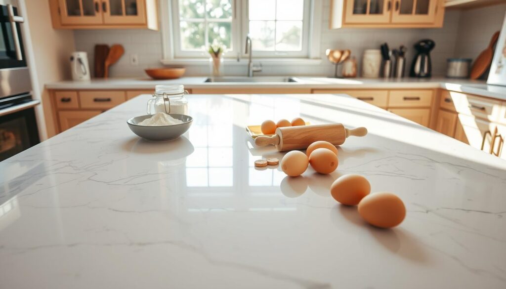 A beautifully designed kitchen countertop made of polished white marble, featuring subtle gray veining for an elegant touch. In the foreground, show a few baking essentials: a rolling pin, flour, and eggs, arranged neatly to suggest an active baking station. The middle ground displays the marble countertop extending under a bright window, with natural sunlight streaming through, creating soft shadows that add depth. In the background, light wooden cabinetry complements the marble, enhancing the cozy and inviting atmosphere of a dedicated baking area. The scene is captured from a slightly elevated angle to showcase the countertop's spaciousness and the organized baking tools, evoking a warm, creative ambiance ideal for culinary activities.