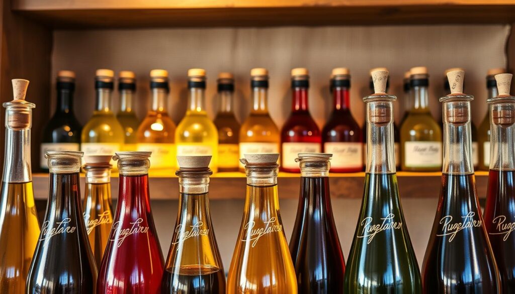 A beautifully organized flavor station featuring an array of elegant glass bottles filled with high-quality oils and vinegars. In the foreground, showcase a variety of narrow-necked bottles with cork stoppers and drip-free pour spouts, glistening under a warm, diffused light. The middle ground displays a rustic wooden shelf neatly lined with the colorful bottles, each labeled with delicate calligraphy. Behind them, a natural linen backdrop softly blurs into the distance, enhancing the warm ambiance of the scene. The lighting creates gentle highlights on the glass surfaces, emphasizing their clarity and the rich colors of the liquids inside. The overall mood is inviting and tidy, capturing the essence of a well-organized kitchen space, free from messes and spills.