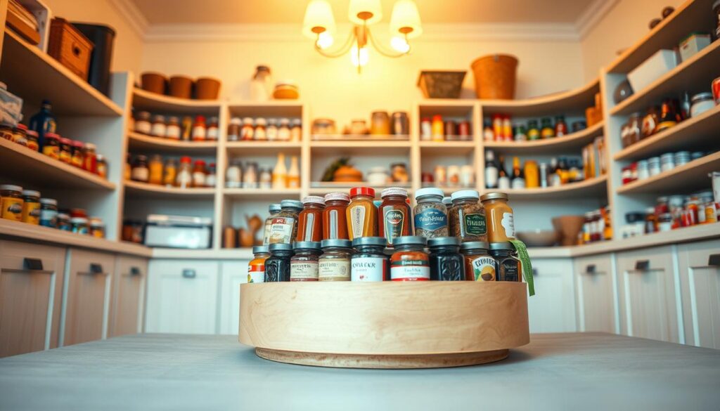 A beautifully organized kitchen pantry featuring a wooden lazy Susan at its center, brimming with colorful spices, jars, and canned goods. In the foreground, focus on the lazy Susan, with several jars and containers arranged neatly, showcasing their labels. The middle ground features shelves lined with organized pantry items, creating a sense of abundance and efficiency. In the background, soft, warm lighting cascades from an overhead fixture, casting gentle shadows that enhance the cozy atmosphere. The pantry walls are painted a soft pastel color, and rustic wooden accents add charm. The angle of the shot provides an inviting view, ideal for illustrating the practical use of a lazy Susan in kitchen organization. The mood is warm and welcoming, emphasizing creativity and functionality. A beautifully organized kitchen pantry featuring a wooden lazy Susan at its center, brimming with colorful spices, jars, and canned goods. In the foreground, focus on the lazy Susan, with several jars and containers arranged neatly, showcasing their labels. The middle ground features shelves lined with organized pantry items, creating a sense of abundance and efficiency. In the background, soft, warm lighting cascades from an overhead fixture, casting gentle shadows that enhance the cozy atmosphere. The pantry walls are painted a soft pastel color, and rustic wooden accents add charm. The angle of the shot provides an inviting view, ideal for illustrating the practical use of a lazy Susan in kitchen organization. The mood is warm and welcoming, emphasizing creativity and functionality.