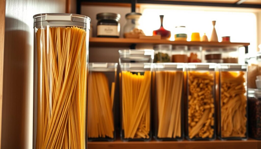 A beautifully organized kitchen pantry featuring extra-tall, transparent containers specifically designed for storing spaghetti and linguine. In the foreground, focus on a clear, elegant container filled with long strands of golden spaghetti, showcasing its height and capacity. The middle ground includes additional pasta containers, some open with a slight overflow of linguine, arranged neatly on a shelf. In the background, wooden shelves are lined with various other ingredients, complementing the pasta with a soft, homey atmosphere. Warm, natural lighting pours in from a nearby window, creating soft shadows that enhance the texture of the containers and the pasta. Aim for a serene, inviting mood that highlights the practicality and elegance of extra-tall pasta storage solutions.