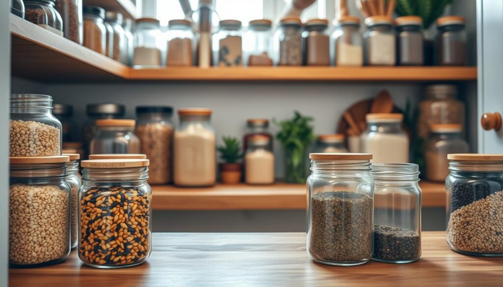 A beautifully organized kitchen pantry filled with various mason jars, showcasing a vibrant array of grains, legumes, and spices. In the foreground, several clear glass mason jars with wooden lids sit neatly on wooden shelves, revealing their colorful contents—quinoa, lentils, and dried herbs. The middle section features a warm wood countertop adorned with a few open jars, highlighting the practicality and aesthetic appeal of using mason jars for storage. In the background, soft, diffused sunlight filters through a nearby window, creating a cozy atmosphere. Consider using a shallow depth of field to focus on the mason jars, with the pantry's inviting rustic decor slightly blurred, enhancing the charm and functionality of the scene.