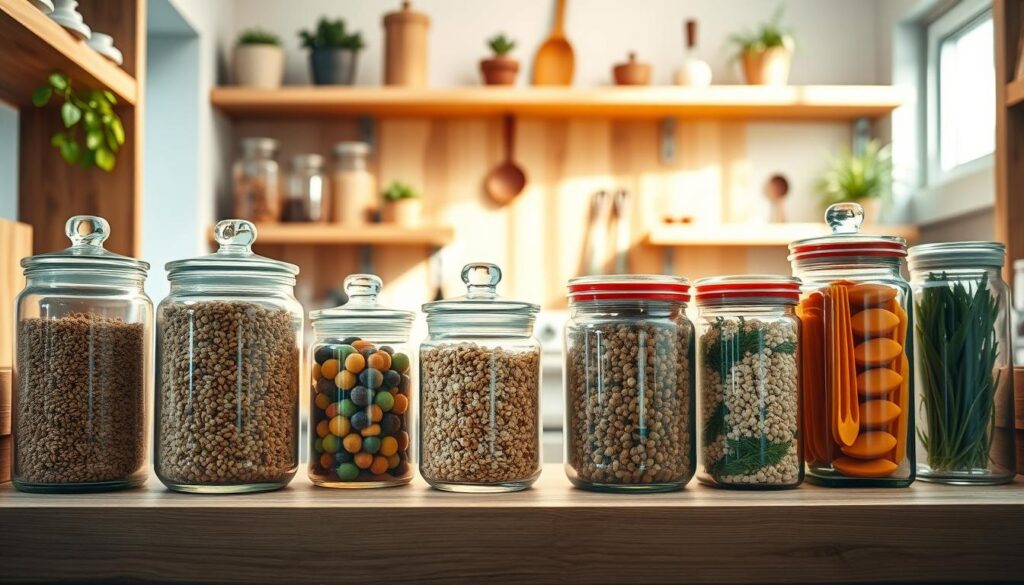 A beautifully organized kitchen pantry showcasing a variety of glass storage jars filled with colorful ingredients like grains, snacks, and herbs. In the foreground, several elegantly designed glass jars with airtight lids are neatly arranged on a wooden shelf, reflecting light and showcasing their contents. The middle of the image features a well-stocked pantry with a warm, inviting atmosphere, accentuated by soft, natural lighting filtering in from a nearby window. The background includes shelves made of rustic wood, adorned with plants and kitchen utensils to add a homely touch. The overall mood is one of simplicity and sophistication, emphasizing the clarity and eco-friendliness of glass as a superior choice for pantry organization.