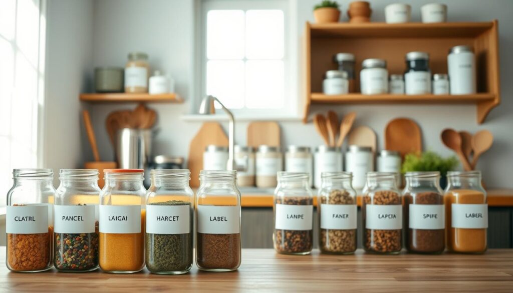 A beautifully organized kitchen showcasing a variety of labels on jars and containers, emphasizing consistency in design. In the foreground, a row of clear glass jars filled with colorful spices, each with a minimalist, uniform label in a simple font. The middle ground displays a wooden countertop adorned with neatly aligned canisters and utensils, all labeled in a cohesive style. In the background, open shelves feature additional labeled containers, creating a harmonious aesthetic. Soft, natural lighting filters through a window, casting gentle shadows that enhance the inviting atmosphere. The image captures the essence of order and clarity, evoking a sense of peace and efficiency in kitchen organization.