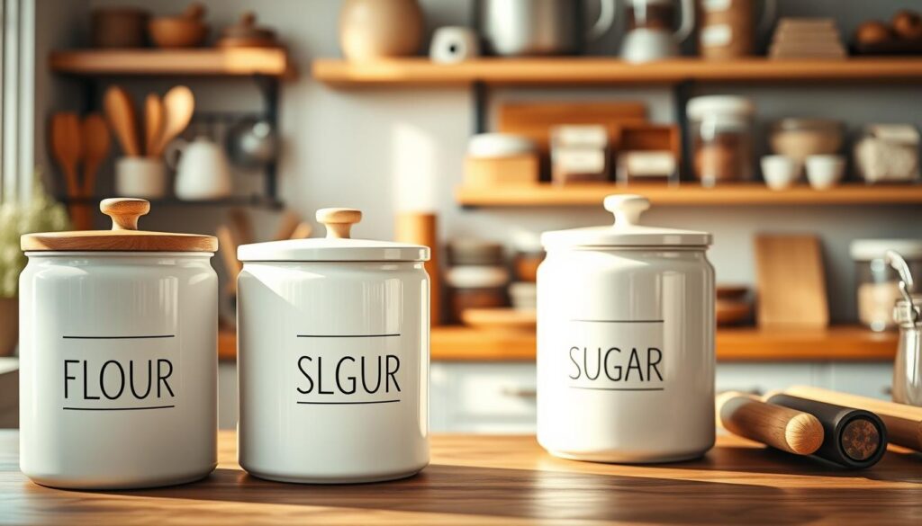 A beautifully organized kitchen storage scene featuring a set of large ceramic canisters for flour and sugar, each elegantly labeled with minimalist designs. In the foreground, a close-up of two canisters: one white with a matte finish and a bamboo lid, and the other a soft pastel color with a glossy surface. The middle ground showcases a wooden countertop adorned with baking tools like measuring cups and rolling pins, emphasizing a baking theme. The background features softly blurred shelves with neatly stacked ingredients, creating a cozy and inviting atmosphere. Warm, natural lighting filters through a nearby window, casting gentle shadows and enhancing the rich textures of the canisters and countertop. The overall mood is warm, inviting, and perfect for a baking enthusiast's kitchen.
