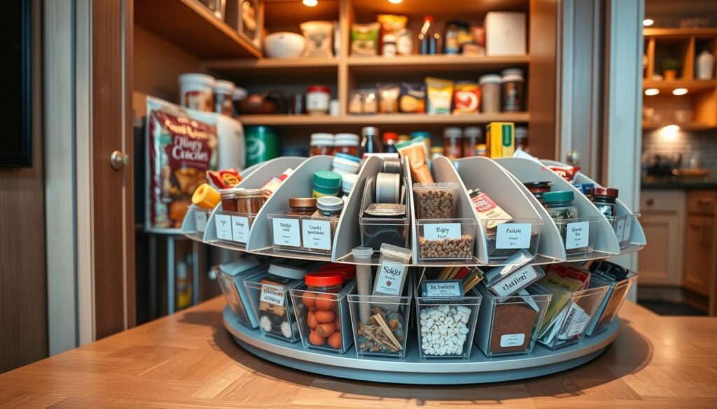 A beautifully organized lazy Susan pantry, showcasing a perfect arrangement of wedge bins filled with assorted spices, snacks, and kitchen essentials. In the foreground, the lazy Susan spins slightly, revealing colorful containers with clear labels. The middle of the scene captures the smooth wooden surface of the pantry shelves, with soft shadows enhancing the textures. The background features a warm, inviting kitchen environment, with subtle overhead lighting casting a cozy glow. The angles capture depth and perspective, spotlighting the clever use of dividers in the lazy Susan, making it both functional and aesthetically pleasing. The overall mood is one of calm organization and practicality, exemplifying an ideal pantry setup in a modern home.