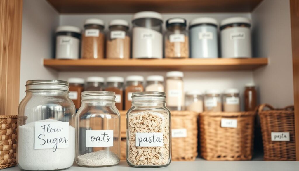 A beautifully organized modern pantry featuring minimalist white labels on glass storage jars and baskets. In the foreground, clear jars with elegant, handwritten-style labels -- "Flour," "Sugar," "Oats," "Pasta" -- create a clean, inviting look. The middle layer showcases open shelving filled with various labeled containers, organized by size and style, emphasizing simplicity and functionality. The background is softly blurred to highlight the pantry’s clean, white walls and natural wood accents, creating a serene atmosphere. Warm, diffused lighting illuminates the scene, casting gentle shadows that enhance the textures of the jars and the wooden shelves. The overall mood is calm and stylish, ideal for a contemporary kitchen space.
