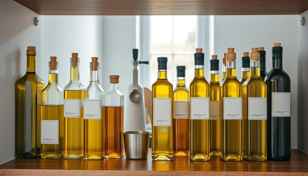 A beautifully organized olive oil storage space, featuring elegantly arranged glass bottles of various shapes and sizes filled with golden-hued olive oil. In the foreground, a polished wooden shelf displays these bottles, each with a minimalist label, set against a clean, white kitchen wall. In the middle, a few essential kitchen tools like a pouring spout and measuring spoons are strategically placed to emphasize a practical yet stylish setup. In the background, soft natural light filters through a nearby window, creating a warm and inviting atmosphere. The overall mood is fresh and orderly, highlighting the importance of keeping oils in a tidy, mess-free environment, perfect for maintaining their quality. The image should capture a calm, sophisticated vibe without any text or distractions.