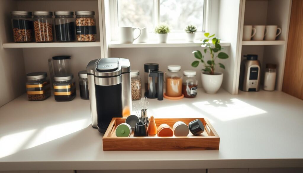 A beautifully organized pantry coffee station, focusing on an efficient counter layout for a smooth morning routine. In the foreground, a sleek countertop showcases a modern coffee maker with a stainless steel finish, surrounded by neatly arranged glass jars filled with coffee pods, whole beans, and flavored syrups. The middle section features a wooden tray for easy access to essential accessories like coffee scoops and stirrers. In the background, a softly lit open shelf displays stylish mugs and a decorative plant, adding a touch of warmth. The scene is illuminated by natural morning light coming through a window, creating a bright and inviting atmosphere. The angle captures the layout at eye level, emphasizing organization and functionality. A beautifully organized pantry coffee station, focusing on an efficient counter layout for a smooth morning routine. In the foreground, a sleek countertop showcases a modern coffee maker with a stainless steel finish, surrounded by neatly arranged glass jars filled with coffee pods, whole beans, and flavored syrups. The middle section features a wooden tray for easy access to essential accessories like coffee scoops and stirrers. In the background, a softly lit open shelf displays stylish mugs and a decorative plant, adding a touch of warmth. The scene is illuminated by natural morning light coming through a window, creating a bright and inviting atmosphere. The angle captures the layout at eye level, emphasizing organization and functionality.