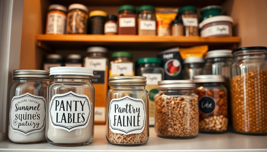 A beautifully organized pantry featuring a variety of printable pantry labels elegantly arranged on glass jars and containers. In the foreground, the focus is on two or three jars with stylish labels, showcasing different fonts and designs like minimalist, vintage, and modern. In the middle, a wooden shelf with neatly stacked pantry items such as spices, grains, and snacks, all clearly labeled to emphasize organization. The background displays soft, warm lighting that enhances the inviting atmosphere, highlighting the textures of the wood and jars. A shallow depth of field creates a soft blur around the pantry, adding focus to the labels. The overall mood is cozy, functional, and aesthetically pleasing, perfect for inspiring a well-organized kitchen. A beautifully organized pantry featuring a variety of printable pantry labels elegantly arranged on glass jars and containers. In the foreground, the focus is on two or three jars with stylish labels, showcasing different fonts and designs like minimalist, vintage, and modern. In the middle, a wooden shelf with neatly stacked pantry items such as spices, grains, and snacks, all clearly labeled to emphasize organization. The background displays soft, warm lighting that enhances the inviting atmosphere, highlighting the textures of the wood and jars. A shallow depth of field creates a soft blur around the pantry, adding focus to the labels. The overall mood is cozy, functional, and aesthetically pleasing, perfect for inspiring a well-organized kitchen.