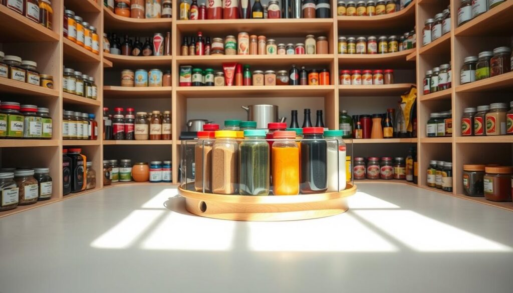 A beautifully organized pantry featuring a wooden lazy Susan turntable at its center, showcasing an array of colorful spices, jars, and condiments neatly arranged for easy access. In the foreground, soft natural light illuminates the turntable, casting gentle shadows that highlight the textures of the wood and glass. Surrounding the turntable, shelves filled with neatly labeled containers and cans create a vibrant backdrop, emphasizing the practicality of a well-structured kitchen space. The angle captures the dynamic essence of the lazy Susan in action, inviting warmth and a sense of organization. The atmosphere is inviting and homey, ideal for demonstrating effective pantry storage solutions. The scene is devoid of any text or distractions, focusing solely on the turntable's simplicity and functionality. A beautifully organized pantry featuring a wooden lazy Susan turntable at its center, showcasing an array of colorful spices, jars, and condiments neatly arranged for easy access. In the foreground, soft natural light illuminates the turntable, casting gentle shadows that highlight the textures of the wood and glass. Surrounding the turntable, shelves filled with neatly labeled containers and cans create a vibrant backdrop, emphasizing the practicality of a well-structured kitchen space. The angle captures the dynamic essence of the lazy Susan in action, inviting warmth and a sense of organization. The atmosphere is inviting and homey, ideal for demonstrating effective pantry storage solutions. The scene is devoid of any text or distractions, focusing solely on the turntable's simplicity and functionality.