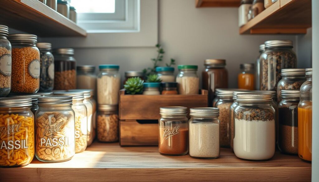 A beautifully organized pantry featuring an array of mason jars in various sizes, filled with colorful dry goods like pasta, grains, and spices. The foreground showcases a rustic wooden shelf lined with neatly labeled jars, some with vintage-style lids, while others have modern screw-top designs. In the middle, there are wooden crates with additional jars, subtle plants peeking out from behind them. The background features soft, diffused natural light filtering in through a window, casting gentle shadows, creating a warm and inviting atmosphere. The scene is shot from a slightly elevated angle, emphasizing the harmonious arrangement of jars and the well-thought-out pantry layout, inspiring creative organization methods. A cozy, homely vibe permeates the image, perfect for encouraging pantry organization.