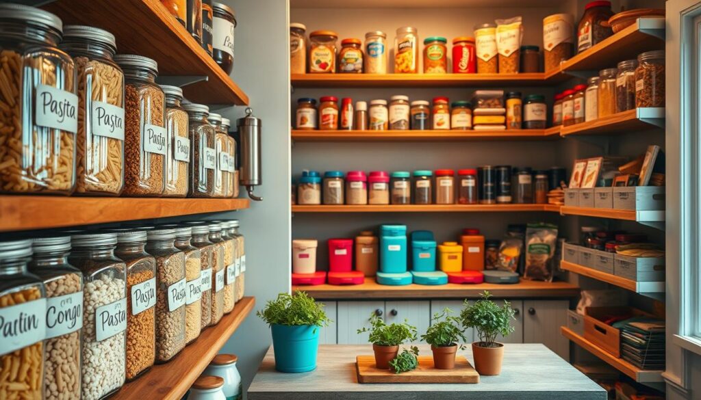 A beautifully organized pantry filled with labeled jars, canisters, and bins, showcasing a variety of dry goods like pasta, grains, and spices. In the foreground, a wooden shelf holds neatly arranged, rustic glass jars with elegant, handwritten labels, enhancing the charm. The middle layer features a vibrant array of colorful canisters, each labeled, resting on a countertop decorated with fresh herbs in pots and a small wooden cutting board. The background includes a softly-lit wall lined with additional shelves, stocked with neatly organized food items, providing a cozy and inviting atmosphere. The lighting is warm and natural, emanating from a nearby window, casting gentle shadows. The scene conveys a sense of order and creativity, perfect for inspiring pantry organization.