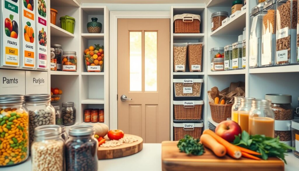 A beautifully organized pantry inspired by the American dietary guidelines, showcasing labeled shelves with vibrant categories such as fruits, vegetables, grains, protein, and dairy. In the foreground, jars of colorful dried beans, grains, and a wooden cutting board displaying fresh produce like apples and carrots. The middle features neatly arranged bins and baskets, each labeled with the food groups, enhancing the sense of order. In the background, a soft-focus view of the pantry door, with warm natural light streaming in from a window, creating an inviting and healthy atmosphere. The image should have a slightly overhead angle to capture the full layout, while maintaining a clean and professional look that evokes a sense of clarity and organization.
