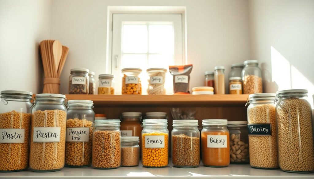 A beautifully organized pantry reset, showcasing a clean, minimalist design. In the foreground, neatly arranged glass jars filled with colorful grains, pasta, and spices, labeled with elegant typography. The middle section features a wooden shelf with discreet storage baskets, each labeled for easy access to snacks and baking supplies. Behind this, a bright, airy window allows gentle sunlight to stream in, highlighting the freshness of the ingredients. Soft shadows enhance the inviting atmosphere, creating a sense of calm and order. The scene conveys a joyful, clutter-free environment that inspires creativity and culinary adventures. The overall mood is fresh, inviting, and organized, perfect for a stunning kitchen backdrop. A beautifully organized pantry reset, showcasing a clean, minimalist design. In the foreground, neatly arranged glass jars filled with colorful grains, pasta, and spices, labeled with elegant typography. The middle section features a wooden shelf with discreet storage baskets, each labeled for easy access to snacks and baking supplies. Behind this, a bright, airy window allows gentle sunlight to stream in, highlighting the freshness of the ingredients. Soft shadows enhance the inviting atmosphere, creating a sense of calm and order. The scene conveys a joyful, clutter-free environment that inspires creativity and culinary adventures. The overall mood is fresh, inviting, and organized, perfect for a stunning kitchen backdrop.