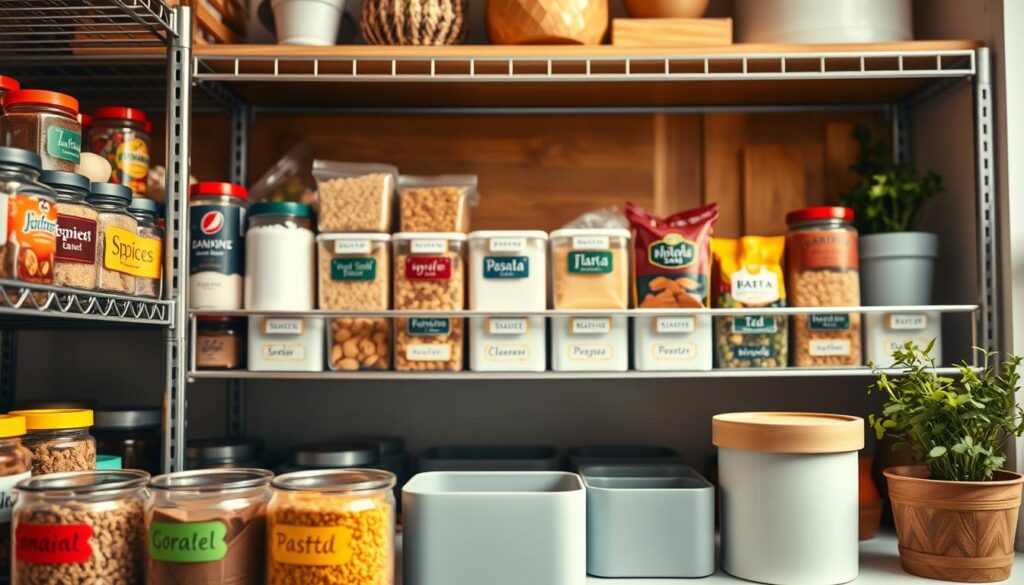 A beautifully organized pantry scene featuring a variety of magnetic labels on metal shelving and storage bins. The foreground showcases a close-up view of neatly arranged containers with vibrant labels, identifying spices, grains, and snacks in elegant fonts. In the middle, a streamlined metal shelf displays an array of labeled bins, with a few open, revealing the contents such as pasta, flour, and tea. The background features soft, warm lighting that creates a welcoming atmosphere, typical of a cozy kitchen, with wood accents and herbs in pots adding a homely touch. The entire composition is captured at eye level with a shallow depth of field to emphasize the labels, inviting viewers to imagine a more organized food storage experience.
