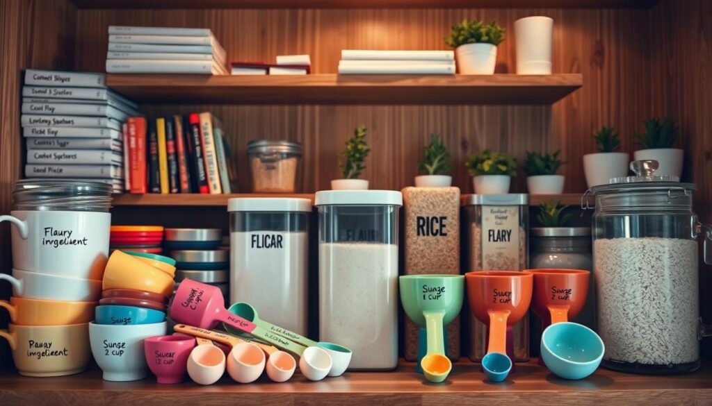 A beautifully organized pantry shelf displaying a variety of measuring cups, each clearly labeled with both cup and ounce equivalents. In the foreground, a collection of colorful measuring cups and spoons in ceramic and glass, showcasing sizes from 1/4 to 2 cups, artistically arranged. The middle of the image features sleek, transparent containers filled with ingredients like flour, sugar, and rice, with handwritten labels providing their respective measurements. The background reveals wooden shelves adorned with neatly stacked cookbooks and decorative elements like herbs in small pots, creating a cozy atmosphere. Soft, warm lighting illuminates the scene from above, enhancing the rich colors and textures, while a shallow depth of field keeps the focus on the measuring tools. The overall mood is inviting and educational, ideal for showcasing pantry organization.