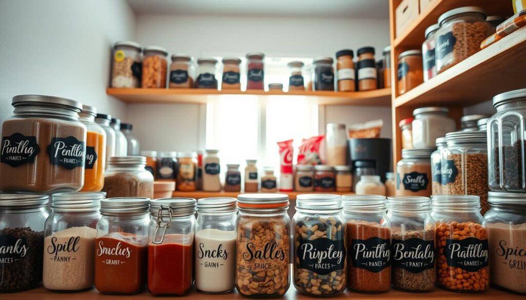 A beautifully organized pantry showcasing a collection of custom vinyl pantry labels on various glass jars and containers. In the foreground, focus on an array of jars labeled with elegant, modern fonts in black and white vinyl, contrasting against the clear glass. The middle of the image features wooden shelves lined with neatly arranged spices, grains, and snacks, creating a tidy ambiance. The background reveals soft, natural lighting filtering through a window, casting gentle shadows that enhance the cozy, inviting atmosphere. Use a warm color palette with earthy tones to evoke a sense of homeliness and organization, highlighting the aesthetic appeal of vinyl stickers and their practical use in home storage solutions. A beautifully organized pantry showcasing a collection of custom vinyl pantry labels on various glass jars and containers. In the foreground, focus on an array of jars labeled with elegant, modern fonts in black and white vinyl, contrasting against the clear glass. The middle of the image features wooden shelves lined with neatly arranged spices, grains, and snacks, creating a tidy ambiance. The background reveals soft, natural lighting filtering through a window, casting gentle shadows that enhance the cozy, inviting atmosphere. Use a warm color palette with earthy tones to evoke a sense of homeliness and organization, highlighting the aesthetic appeal of vinyl stickers and their practical use in home storage solutions.