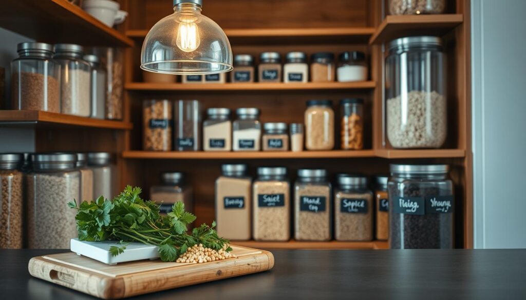 A beautifully organized pantry, showcasing a variety of clear glass containers filled with grains, pasta, and spices, arranged on wooden shelves. In the foreground, a stylish bamboo cutting board holds a selection of fresh herbs and a small kitchen scale, emphasizing functionality. The middle ground features an assortment of labeled containers with charming chalkboard labels, creating a sense of order. A softly glowing pendant light hangs above, casting warm light that accentuates the containers’ contents and the rich wood tones of the pantry. In the background, a minimalistic kitchen design, with neutral-colored walls and soft shadows, enhances the serene atmosphere of a clutter-free space. The overall mood is organized and inviting, perfect for inspiring kitchen organization. A beautifully organized pantry, showcasing a variety of clear glass containers filled with grains, pasta, and spices, arranged on wooden shelves. In the foreground, a stylish bamboo cutting board holds a selection of fresh herbs and a small kitchen scale, emphasizing functionality. The middle ground features an assortment of labeled containers with charming chalkboard labels, creating a sense of order. A softly glowing pendant light hangs above, casting warm light that accentuates the containers’ contents and the rich wood tones of the pantry. In the background, a minimalistic kitchen design, with neutral-colored walls and soft shadows, enhances the serene atmosphere of a clutter-free space. The overall mood is organized and inviting, perfect for inspiring kitchen organization.