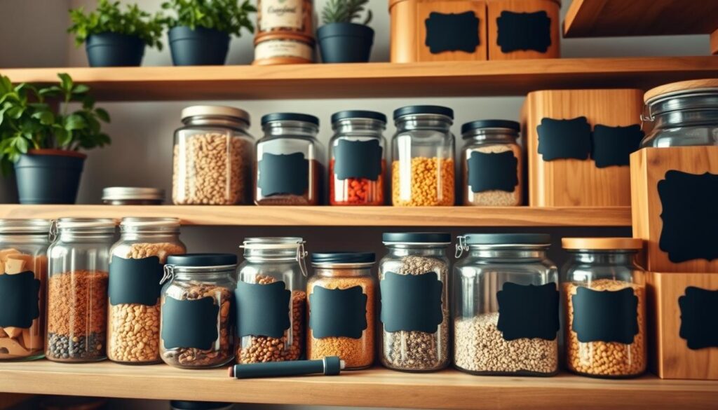 A beautifully organized pantry showcasing an array of chalkboard labels neatly affixed to glass jars and wooden containers. The foreground features a variety of labeled jars filled with colorful ingredients like spices, grains, and dried fruits, each accompanied by a small chalk marker resting beside them. In the middle, a rustic wooden shelf supports the jars, creating a cozy yet modern atmosphere. The background is softly blurred, with elements of a well-lit kitchen, including a hint of greenery from potted herbs and soft, warm lighting that casts gentle shadows. The overall mood is inviting and functional, emphasizing the practicality and charm of using chalkboard labels to keep pantry ingredients organized and easily identifiable. The image is composed with a slight overhead angle, capturing the harmony of content and design.