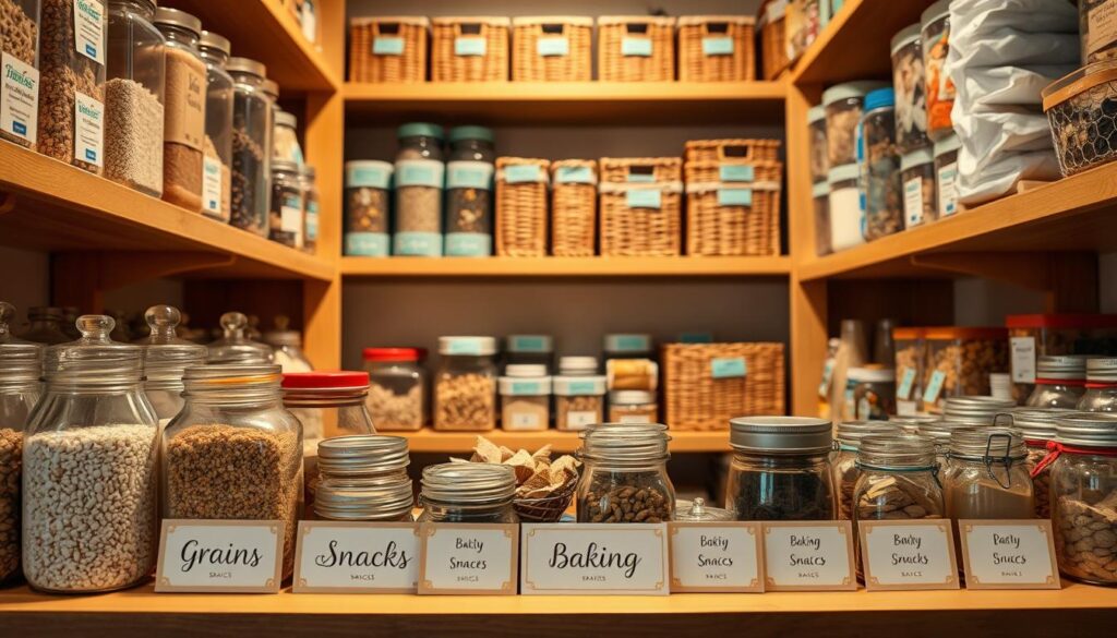 A beautifully organized pantry with an array of stylish labels showcasing various categories like grains, spices, snacks, and baking supplies. In the foreground, focus on clear, decorative labels made of thick, textured paper, elegantly printed with serif fonts, arranged neatly on glass jars and clear containers. In the middle ground, showcase shelves lined with neatly stacked baskets, each labeled in coordinating colors, enhancing the aesthetic appeal. The background features soft, warm lighting illuminating the pantry, creating a cozy atmosphere. Use a slightly elevated angle to capture the depth and organization of the space, highlighting the contrast between natural wood shelving and the colorful labels. The overall mood is inviting and meticulously curated, conveying a sense of professional quality and order.