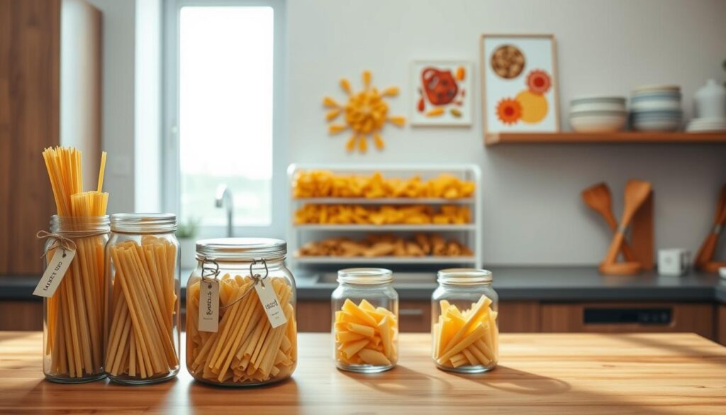 A beautifully organized pasta storage zone in a modern kitchen, featuring a wooden countertop. In the foreground, clear glass jars filled with various pasta shapes—spaghetti, penne, fusilli—labeled with elegant tags. The middle layer showcases a sleek, minimalist pasta rack displaying a colorful array of shaped pasta, neatly arranged for easy access. In the background, soft natural light streams through a window, illuminating a wall adorned with artistic pasta-themed decor. The overall atmosphere is warm, inviting, and clutter-free, evoking a sense of simplicity and efficiency in meal preparation. The scene is captured from a slightly elevated angle to emphasize the depth and organization of the pasta area, conveying a sense of harmony and order in the kitchen environment.