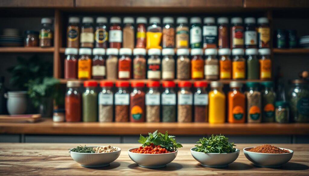 A beautifully organized spice rack filled with a diverse array of vibrant spice jars, each uniquely labeled and arranged by color. In the foreground, a wooden countertop with small bowls displaying freshly cut herbs and spices, emphasizing freshness. The middle layer showcases the spice rack with jars reflecting various shades of red, yellow, and green, arranged in a visually appealing manner. In the background, soft kitchen lights create a warm, inviting atmosphere, highlighting the textures of the jars and the wooden rack. The scene is captured from a slightly elevated angle to provide depth and perspective, conveying an air of culinary inspiration and the importance of spice organization in cooking. The overall mood is cozy and inviting, encouraging creativity in the kitchen.