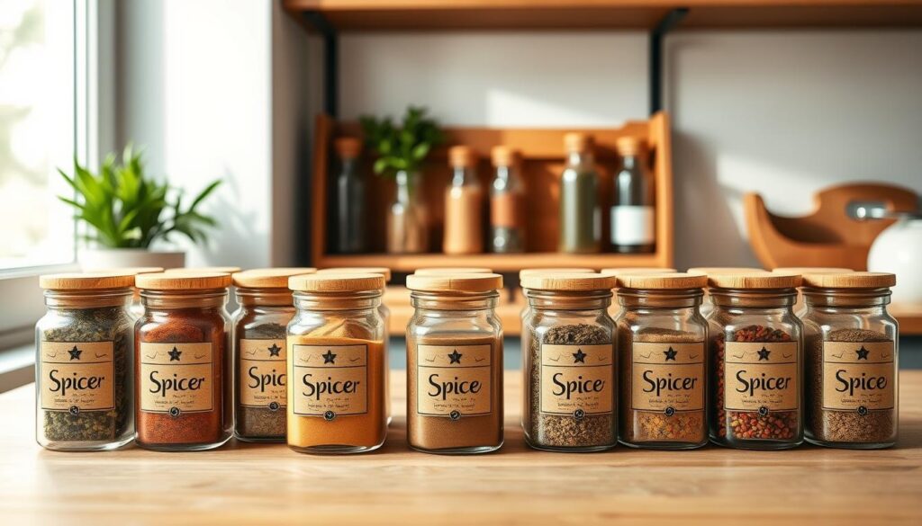 A beautifully organized spice storage area featuring uniform spice jars with sleek, minimalistic designs. In the foreground, showcase a row of identical glass jars with bamboo lids, all clearly labeled with elegant, simple typography. The middle ground highlights a wooden spice rack, showcasing a few herbs and spices, with an emphasis on symmetry and order. In the background, soft natural light filters through a nearby window, casting gentle shadows and enhancing the clean lines of the kitchen setting. The color palette is muted and earthy, with warm tones that evoke a cozy, inviting atmosphere. Capture this scene from a slightly elevated angle to emphasize the arrangement, focusing on the harmony and aesthetic appeal of a minimalist kitchen.