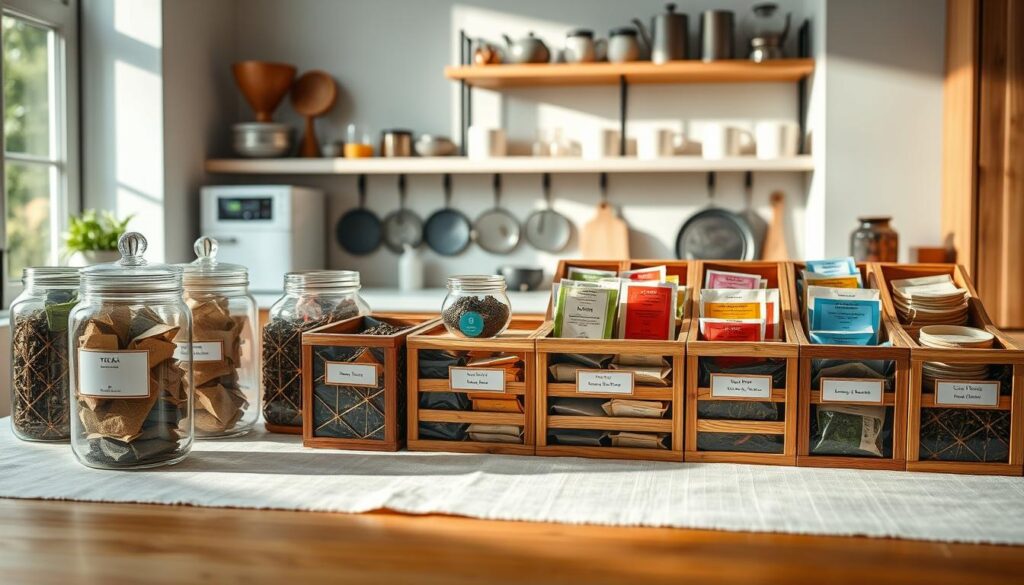 A beautifully organized tea storage display featuring a variety of tea bag bins. In the foreground, glass jars and stylish bamboo bins showcase colorful tea bags, labeled clearly and neatly. The middle ground includes a wooden tabletop, accentuated by a soft linen tablecloth, creating a warm and inviting atmosphere. In the background, a softly lit kitchen shelf adorned with tea accessories like infusers and a teapot adds depth. Natural sunlight streams through a nearby window, casting gentle shadows and highlighting textures. The composition emphasizes a clean and sophisticated organization, perfect for a large collection of tea. The overall mood is serene, encouraging the viewer to appreciate the art of tea storage. A beautifully organized tea storage display featuring a variety of tea bag bins. In the foreground, glass jars and stylish bamboo bins showcase colorful tea bags, labeled clearly and neatly. The middle ground includes a wooden tabletop, accentuated by a soft linen tablecloth, creating a warm and inviting atmosphere. In the background, a softly lit kitchen shelf adorned with tea accessories like infusers and a teapot adds depth. Natural sunlight streams through a nearby window, casting gentle shadows and highlighting textures. The composition emphasizes a clean and sophisticated organization, perfect for a large collection of tea. The overall mood is serene, encouraging the viewer to appreciate the art of tea storage.