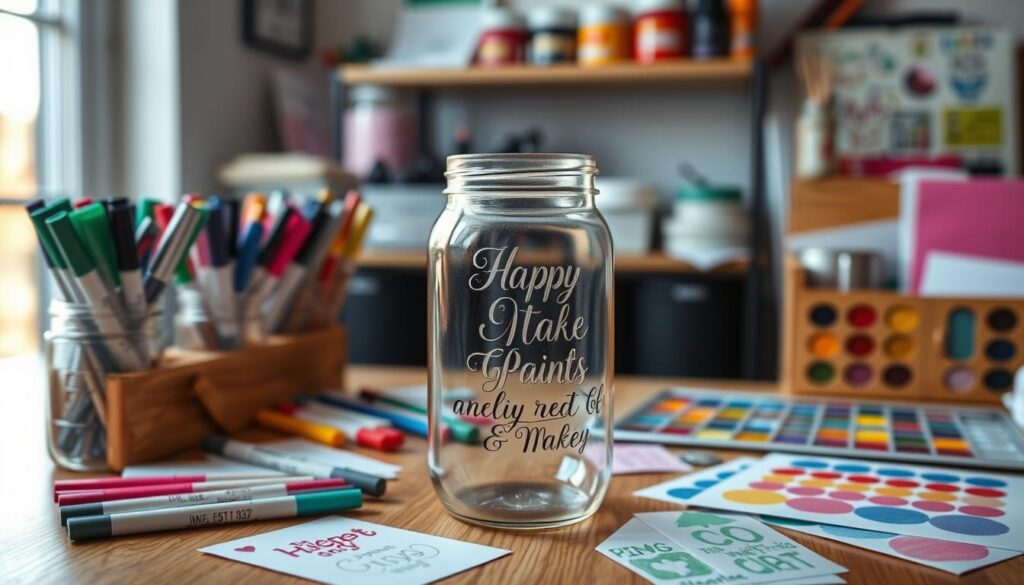 A beautifully organized workspace featuring a clear glass jar in the foreground, meticulously painted with elegant hand-lettered phrases and decorative designs. Surrounding the jar are an array of vibrant paint pens, colorful stencils, and paint palettes neatly arranged on a wooden table. Soft, natural lighting from a nearby window gently illuminates the scene, casting subtle shadows and highlighting the jar's smooth, reflective surface. In the background, a blurred shelf displays additional craft supplies and a cozy, inviting atmosphere. The overall mood is creative and inspiring, showcasing the joy of personalized crafting with a focus on precision and artistry.