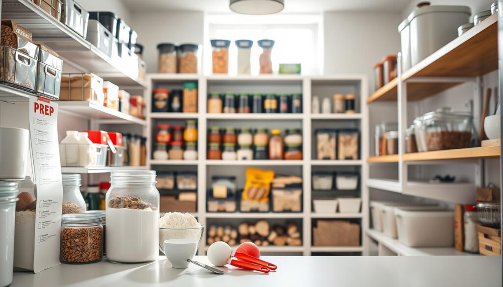 A bright, airy kitchen pantry during the prep stage of organization. The foreground includes neatly arranged containers filled with baking supplies, like flour, sugar, and spices, along with a checklist and measuring cups to emphasize the prep theme. The middle features various categories—snacks in colorful jars, dinner ingredients in clear bins, and baking essentials on wooden shelves. The background reveals well-lit window light streaming in, creating a warm and inviting atmosphere. Use a soft focus lens to capture the details of the organized shelves, while keeping the rest of the kitchen slightly blurred. The mood should be calm and motivating, suggesting readiness and efficiency for the upcoming organization process.