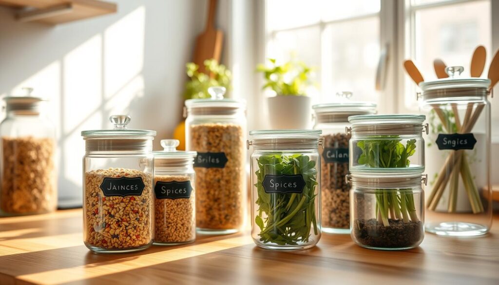 A bright, airy kitchen scene featuring a variety of clear containers neatly arranged on a wooden countertop. In the foreground, focus on a set of matching glass containers of different sizes, showcasing their contents—colorful grains, vibrant spices, and fresh herbs—all clearly visible. The middle ground includes stylish labels adhered to the containers, enhancing the aesthetic appeal while allowing for easy identification of the contents. Soft, natural sunlight streams through a nearby window, creating gentle reflections on the glass surfaces, highlighting their transparency. The background includes minimal kitchen elements, such as a potted herb plant and utensils, providing context without distraction. The overall atmosphere conveys freshness, organization, and the inviting potential of well-decorated storage solutions. A bright, airy kitchen scene featuring a variety of clear containers neatly arranged on a wooden countertop. In the foreground, focus on a set of matching glass containers of different sizes, showcasing their contents—colorful grains, vibrant spices, and fresh herbs—all clearly visible. The middle ground includes stylish labels adhered to the containers, enhancing the aesthetic appeal while allowing for easy identification of the contents. Soft, natural sunlight streams through a nearby window, creating gentle reflections on the glass surfaces, highlighting their transparency. The background includes minimal kitchen elements, such as a potted herb plant and utensils, providing context without distraction. The overall atmosphere conveys freshness, organization, and the inviting potential of well-decorated storage solutions.