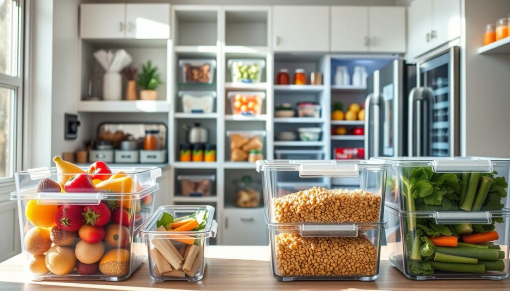 A bright and inviting kitchen scene featuring neatly organized clear storage bins filled with colorful food items. In the foreground, prominently display large, transparent bins showcasing fruits, vegetables, grains, and snacks, allowing the vibrant colors of the contents to stand out. In the middle, include a sleek, modern pantry with built-in shelves showcasing additional clear bins, all well-labeled and arranged to promote easy access. The background reveals a clean refrigerator and freezer, also organized with clear bins that highlight the freshness of the food stored inside. Utilize natural lighting streaming through a nearby window, casting soft shadows for a warm, inviting atmosphere. The overall mood is calm and organized, emphasizing the practical benefits of using clear storage in kitchen spaces.