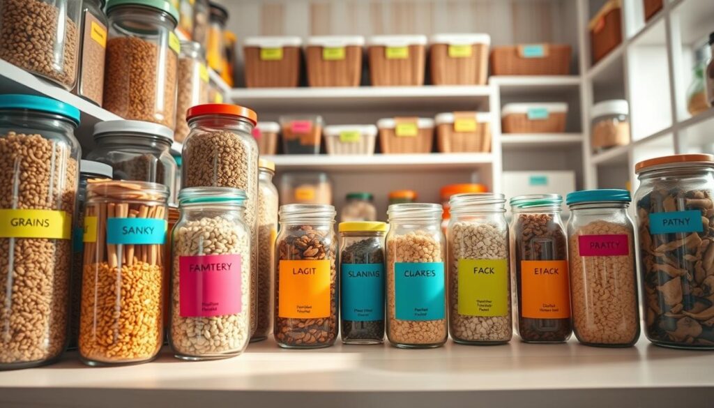 A bright and organized pantry featuring an array of colorful, neatly labeled jars and containers. In the foreground, focus on several glass jars filled with various grains, snacks, and dried fruits, each adorned with vibrant, color-coded labels indicating their contents and dietary purposes. The middle of the scene showcases a well-arranged shelf lined with these colorful jars against a soft wood backdrop, creating a warm and inviting atmosphere. In the background, subtle hints of a well-stocked pantry, including shelves with labeled baskets, enhance the organizational theme. Natural light floods the scene, casting gentle shadows to emphasize the labels, creating a cheerful and efficient mood ideal for meal planning. Use a wide-angle lens to capture the entire pantry layout for a comprehensive view.