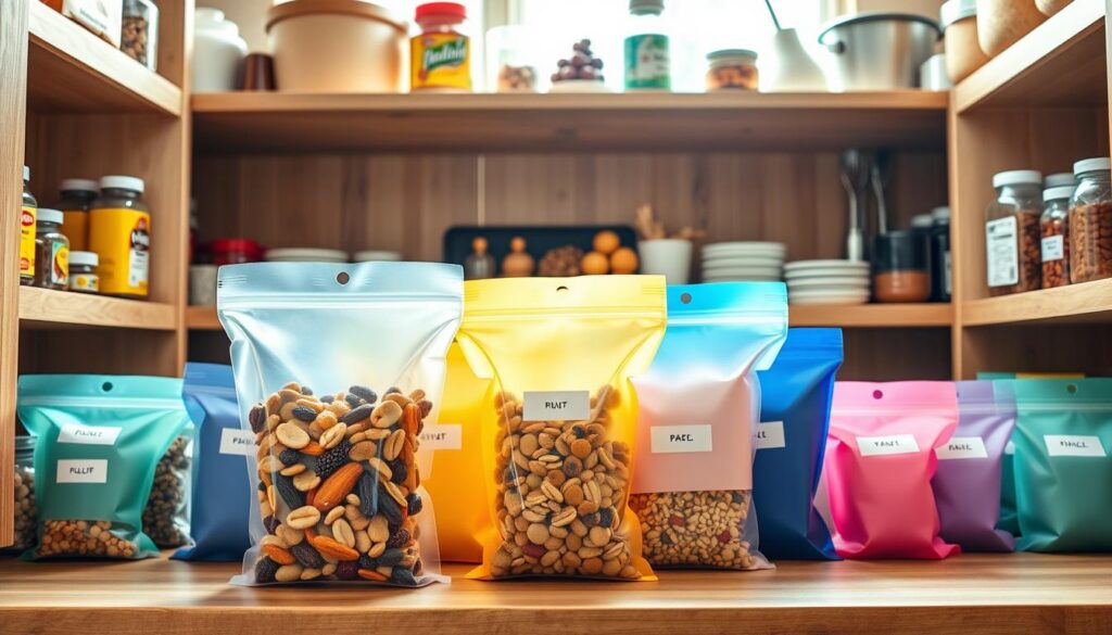 A bright and organized pantry showcasing an array of colorful silicone storage bags filled with various snacks like nuts, dried fruits, and trail mix. In the foreground, place a clear, large silicone bag filled with vibrant, mixed snacks, elegantly positioned on a wooden shelf. In the middle, several smaller silicone bags in assorted pastel colors are neatly arranged, each labeled with their contents for easy access. The background features wooden pantry shelves stocked with healthy snacks, condiments, and cooking essentials. Soft, natural lighting streams in from a window, casting a warm glow, enhancing the inviting atmosphere. The image should convey a sense of efficiency and tidiness, presenting silicone bags as a chic solution for pantry organization. The angle captures depth, emphasizing the variety and accessibility of pantry snacks.
